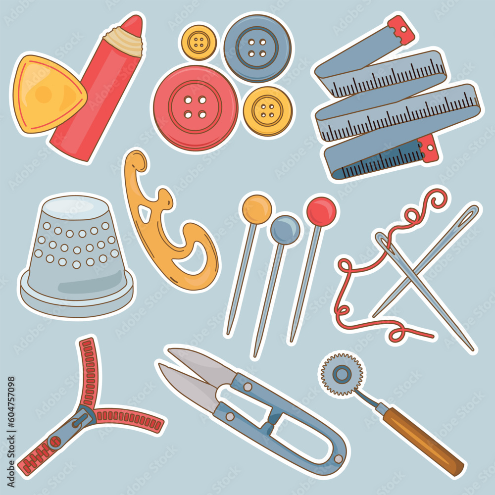 Set of Tailor and Sewing Tools Cute Sticker Illustration