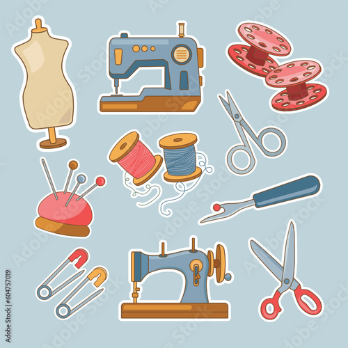Set of Tailor and Sewing Tools Cute Sticker Illustration