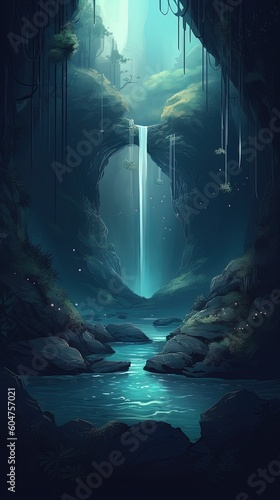 091. enchanted waterfalls graphic poster design wallpaper. Generative AI © hamzahalderad