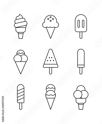 Ice cream icon set in simple, minimal and flat style. A collection of different types of cold, sweet and refreshing ice cream eaten during the summer season.
