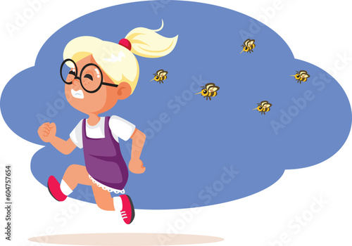 Allergic Little Girl Running Away from Dangerous Bees Vector Cartoon Illustration. Stressed child feeling fearful and scared chased by wasps
