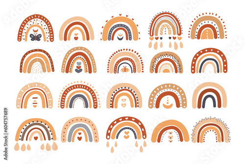 Cute boho rainbows clipart collection for nursery decoration. Perfect for baby shower, birthday, childrens party. Bohemian elements.