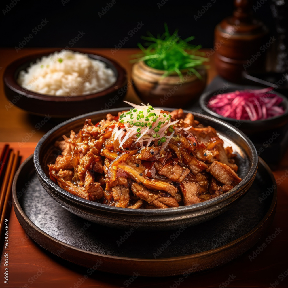 Thinly sliced pork and onions served over rice Thinly sliced pork and onions served over rice