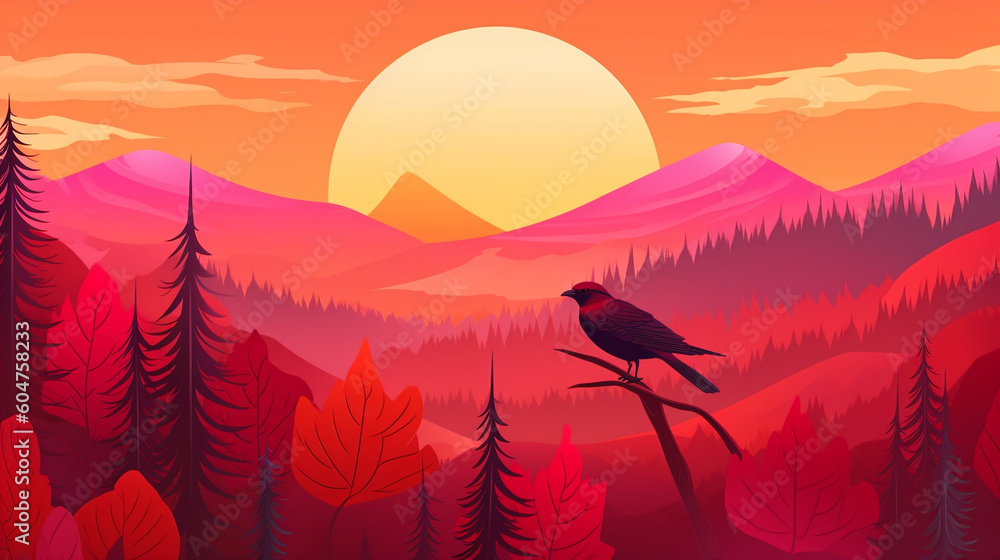 Experience the stunning charm of an autumn landscape, where a graceful bird glides through a lush forest. The scenery resembles mountainous views 
