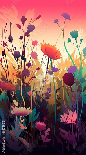 231. wildflowers in meadow graphic poster design wallpaper. Generative AI