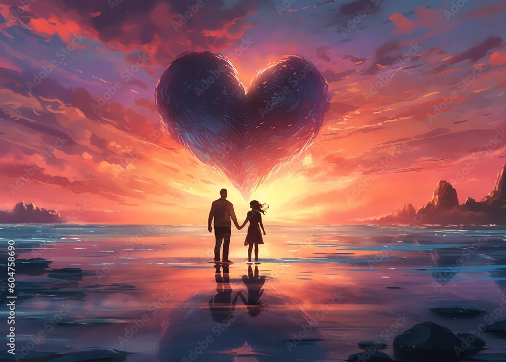 A Romantic Watercolor Painting of a Man and a Woman Holding Hands While Standing in an Ocean Generative AI