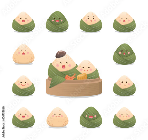 A set of Zongzi set for Asian traditional festival Dragon Boat Festival, glutinous rice food wrapped with bamboo leaves, playful and cute mascot, closeup of expression