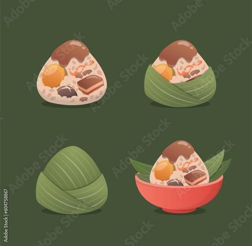 A set of Zongzi set for the Dragon Boat Festival, a traditional Asian festival, glutinous rice food wrapped with bamboo leaves, delicious fillings and sauces