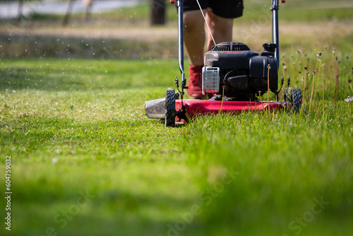 lawn mower on the grass, boy pushing mower