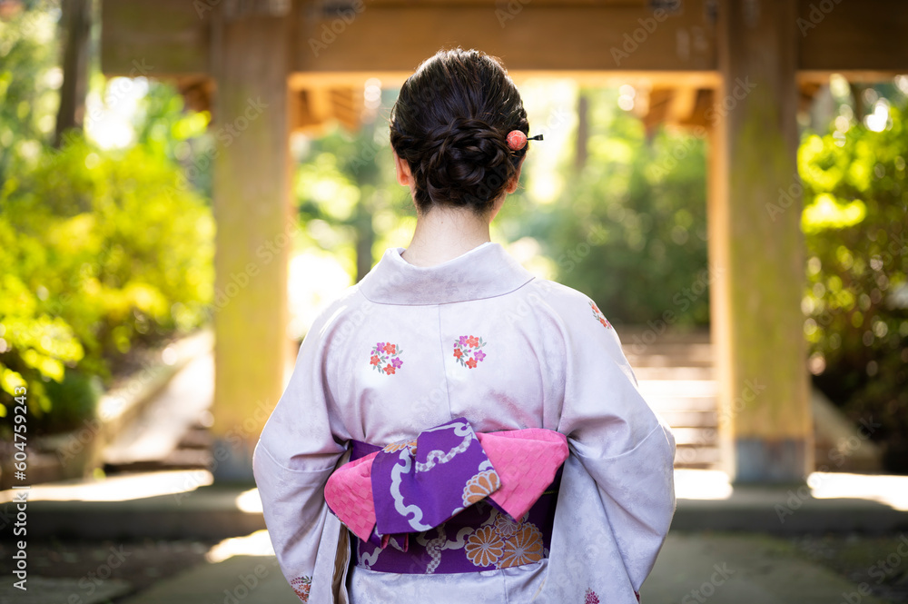 Fototapeta premium 門前に立つ着物を着た美しい日本人女性