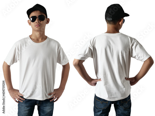 White t-shirt mock up, front and back view, isolated. Teenage male model wear plain white shirt mockup. Tshirt design template