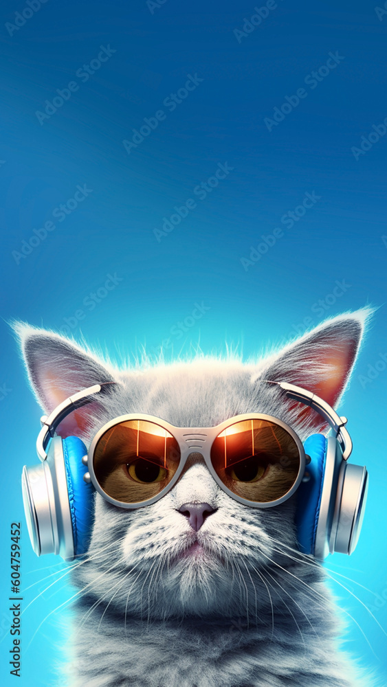 Cute little kitten cat using phone headset to listen to music. isolated on blue background with copy space created with Generative AI