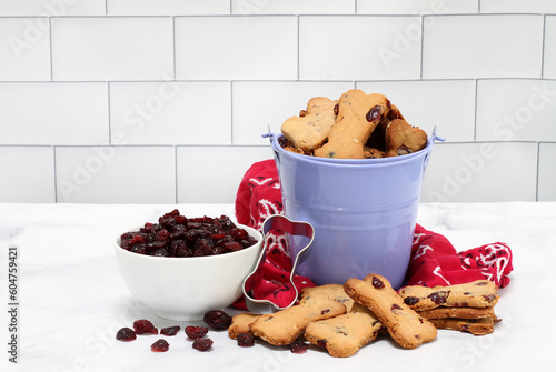 Cranberry dog cookies in a bucket with a bowl of berries.