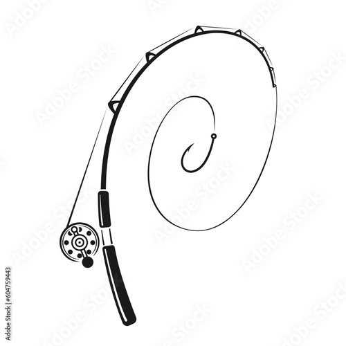 Hand drawn curved fishing rod, black fishing rod, white background