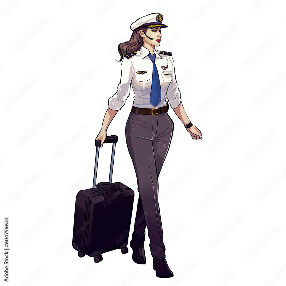 Cartoon style Photo of cute pilot lady go carry suitcase look empty space wear hat uniform pants shoes isolated white background Generative AI Cartoon style Photo of cute pilot lady go carry suitcase look empty space wear hat uniform pants shoes isolated white background Generative AI