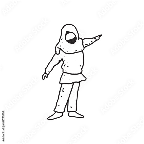 muslim girl pointing Hand drawn line art cartoon vector illustration.