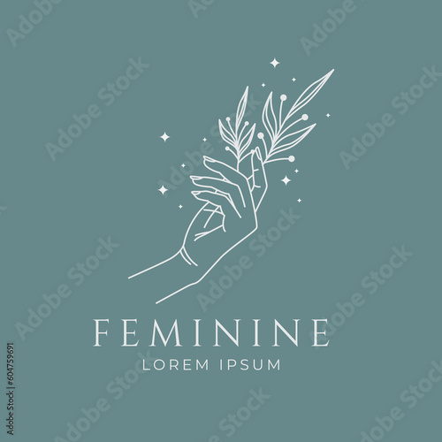 hand and flower abstract logo for beauty cosmetic feminine style floral minimalist vector design