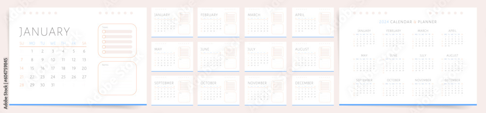 2024 Calendar. Vector Printable Minimal Modern 2024 Calendar Templates of Monthly Calendar Layout with place for Notes and Tasks. White and Blue Main Colors.