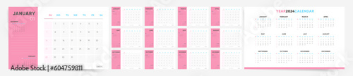 Calendar 2024, Calendar 2024 Sunday Start Modern Minimal Pink Design Template.