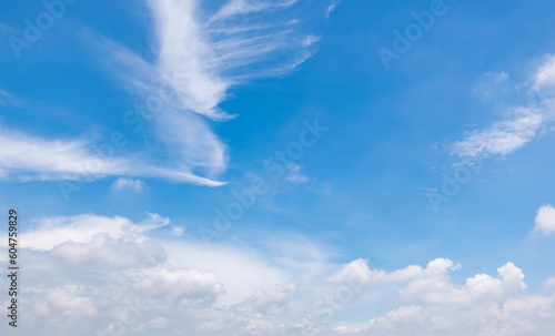 Panoramic view of clear blue sky and clouds  Blue sky background with tiny clouds. White fluffy clouds in the blue sky.