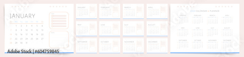 2024 Calendar. Vector Printable Minimal Modern 2024 Calendar Templates of Monthly Calendar Layout with place for Notes and Tasks. White and Blue Main Colors.