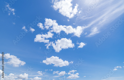 Panoramic view of clear blue sky and clouds, Blue sky background with tiny clouds. White fluffy clouds in the blue sky.
