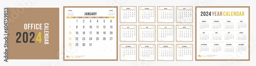 Square Calendar 2024, Calendar 2024 Templates with Modern Format and Design. Sunday Start. Business Design Template Vector.