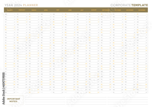 One Page Planner Template for 2024 Year. Wall Calendar Planner in a Business Modern Style. Vector, Editable and Printable.