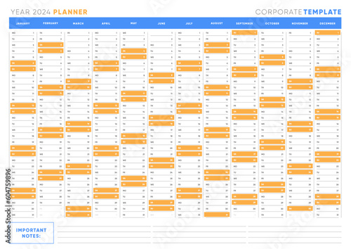 2024 Business Planner. Yearly One Page Calendar with Monthly Agenda, Editable Template for Work or Study.