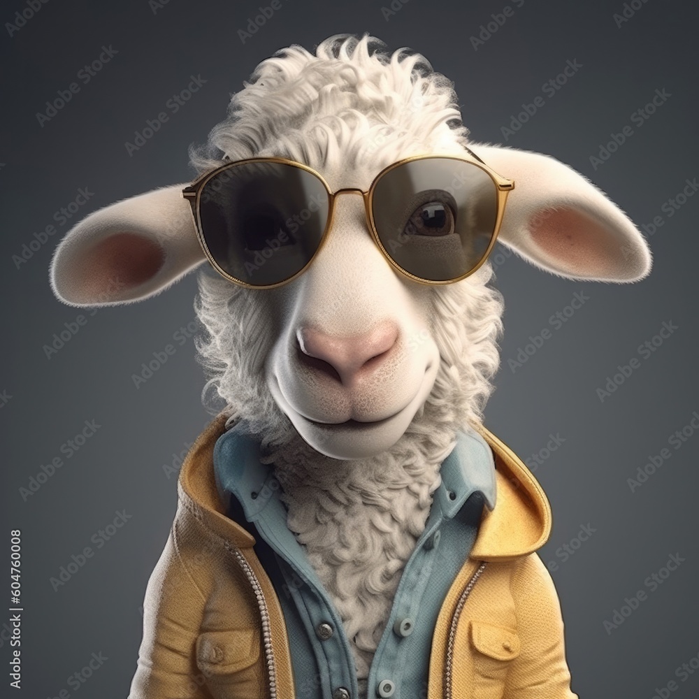 3D cartoon sheep portrait wearing clothes, standing in front, generative ai