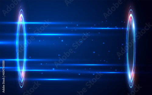 Portal and hologram science futuristic. Portal for GUI, UI, APP, teleport. Hi-tech hologram with light effect.Blank display, stage or magic portal for show product in futuristic cyberpunk style.Vector