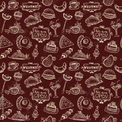 Breakfast food style seamless pattern with hand drawn food symbols © LP Design
