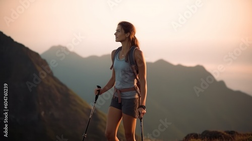 A young girl leads an active lifestyle  climbs a trail in the mountains with trekking poles. Generative AI.