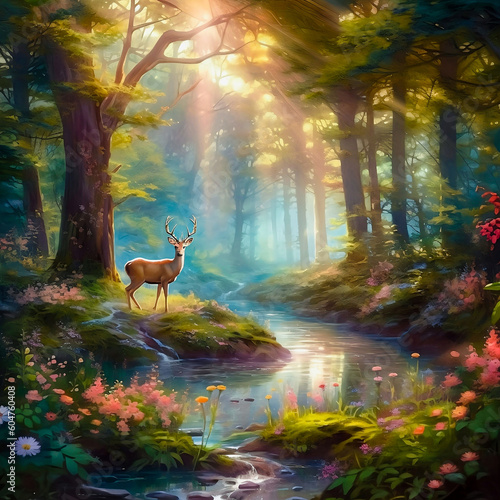 Mysterious deer in a beautiful and fantastic forest , made with artificial intelligence
