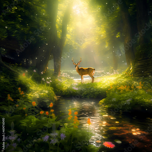 Mysterious deer in a beautiful and fantastic forest, made with artificial intelligence