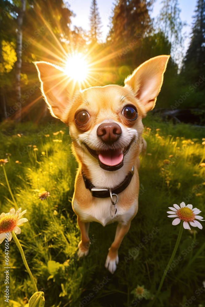 Happy little dog in the spring forest with meadows, sun rays flare. Generative AI.