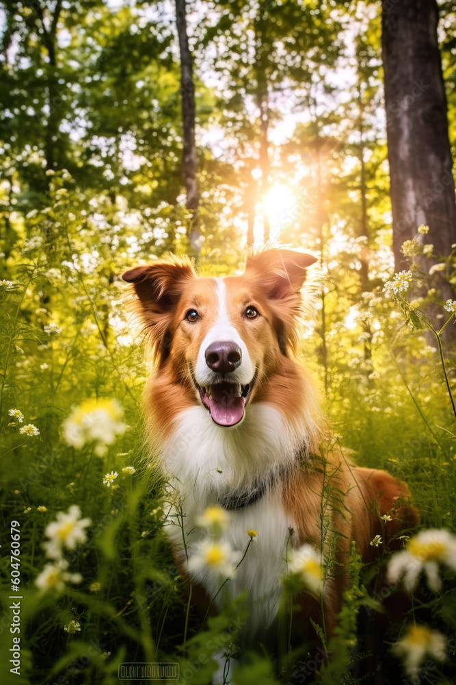 Happy little dog in the spring forest with meadows, sun rays flare. Generative AI. Happy little dog in the spring forest with meadows, sun rays flare. Generative AI.