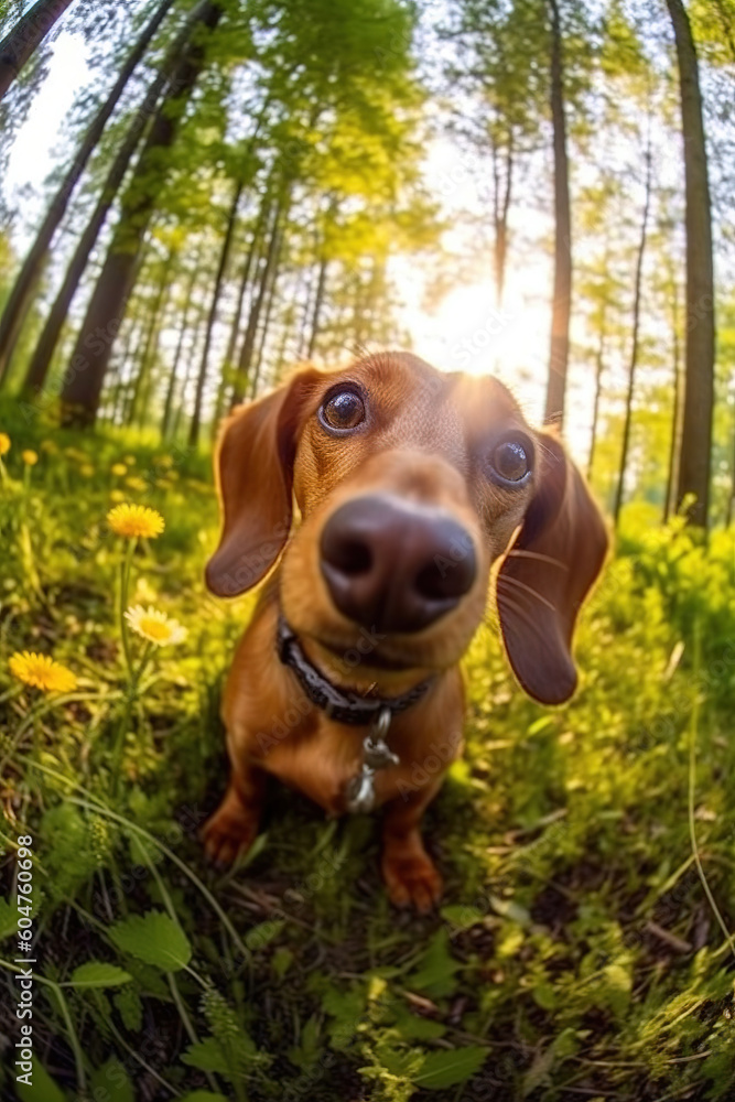 Happy little dog in the spring forest with meadows, sun rays flare. Generative AI.