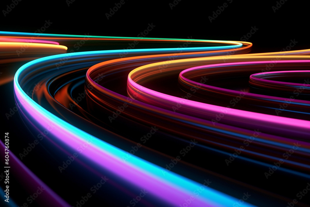 Colorful neon lines curving and turning into the distance made with Generative AI Colorful neon lines curving and turning into the distance made with Generative AI