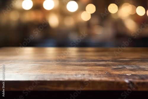 rustic wooden table illuminated by warm lights Generative AI