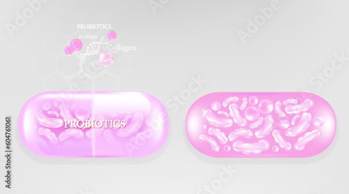 Probiotic and Hyaluronic acid skin solutions ad, pink collagen, and vitamin serum drop with cosmetic advertising background ready to use illustration vector.