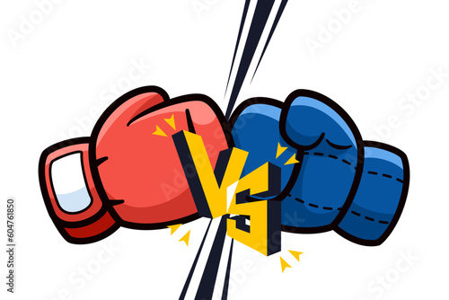 Red and blue boxing gloves fight icon. Battle Versus emblem flat design cartoon comic style on isolated white background. Vector illustration for banner, poster, and wallpaper.