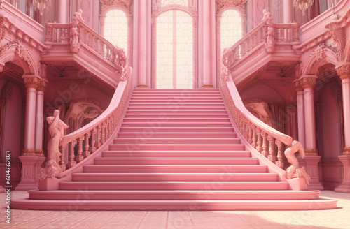 a pink royal palace with stairs. generative ai. photo