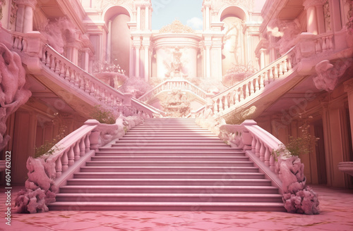 a pink royal palace with stairs. generative ai. © Strabiliante