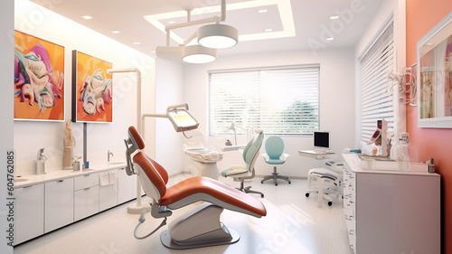 A dentist s office with white walls and a reclining dental chair upholstered in soft leather. generative ai