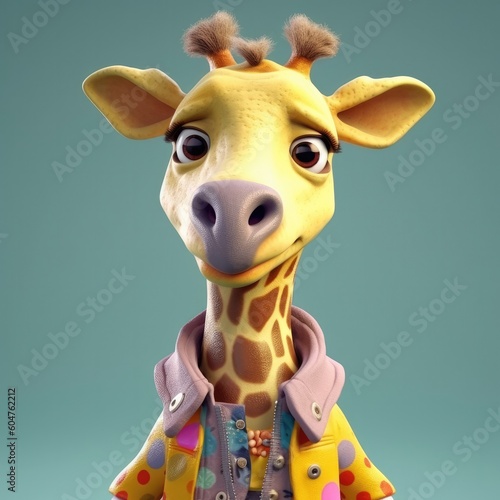 3D cartoon giraffe portrait wearing clothes  standing in front  generative ai