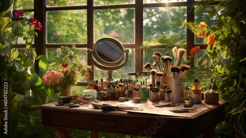 makeup tools scattered on a sunlit vanity table, surrounded by blooming flowers and lush green plants. generative ai.