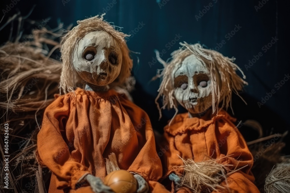 two eerie dolls sitting together in a dimly lit room Generative AI