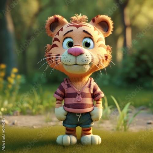 3D cartoon tiger portrait wearing clothes  standing in front  generative ai