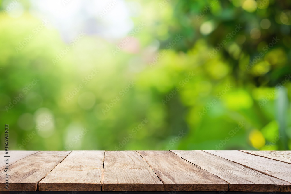 Wooden table and blurred green nature garden background.